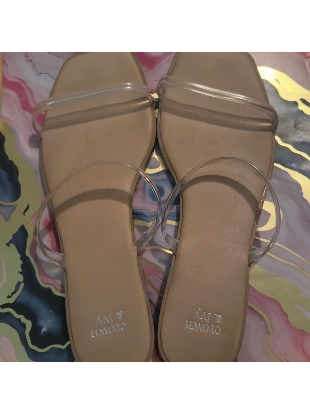 Crown & Ivy Women's Tan Sandals with Clear Straps